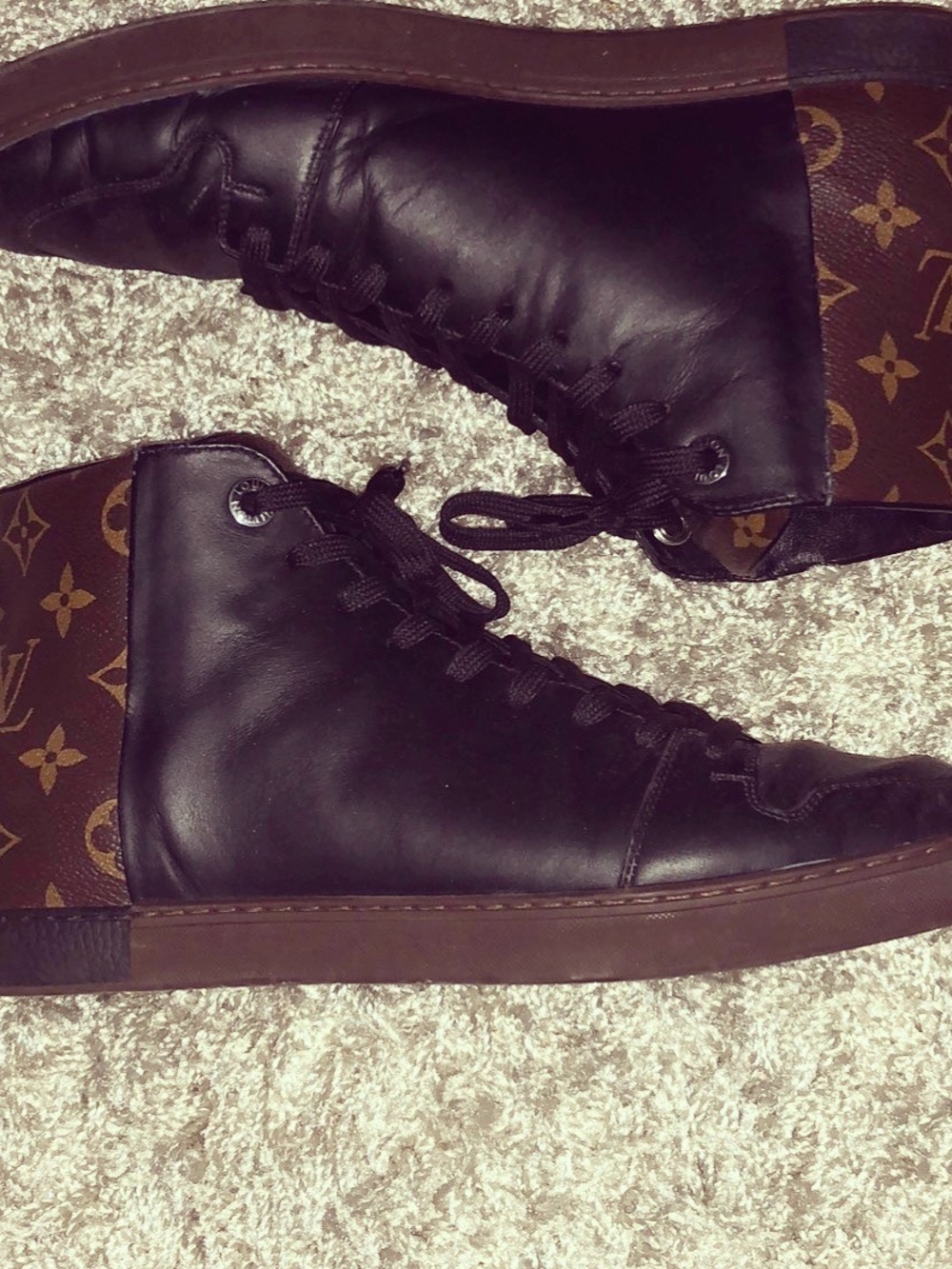 Louis Vuitton Black Leather High-Top Sneakers with Monogram Panel